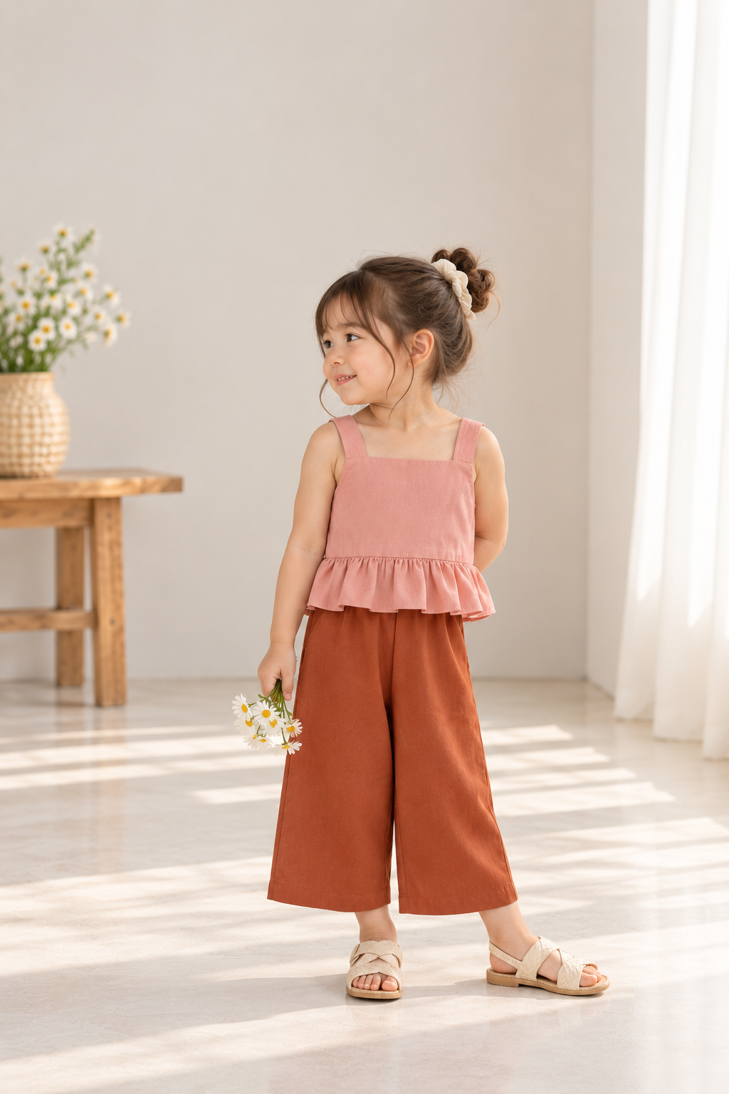 Leia Pink Top and Mary Linen Pants in Rust Set