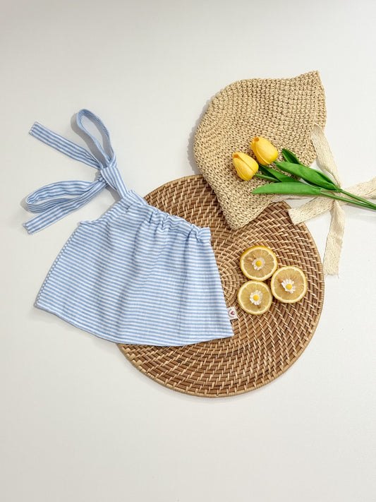 Amelia Solid Linen Stripes Top in Blue