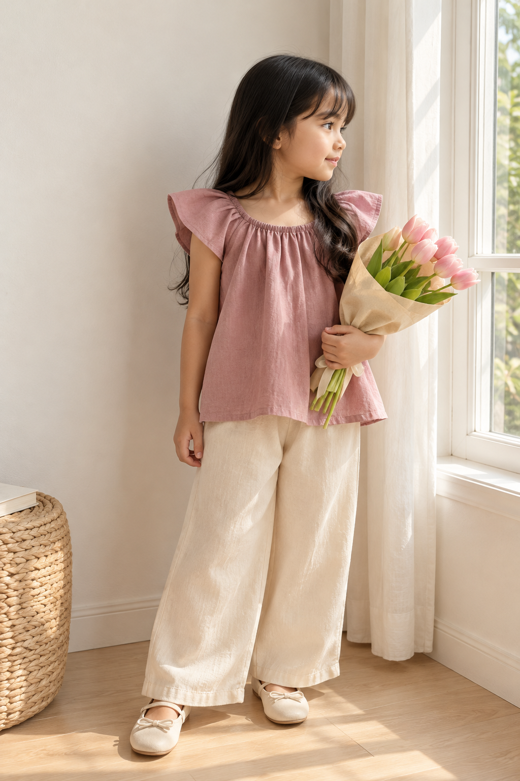 Ana Light Mauve Top and Mary Pants in Cream Set