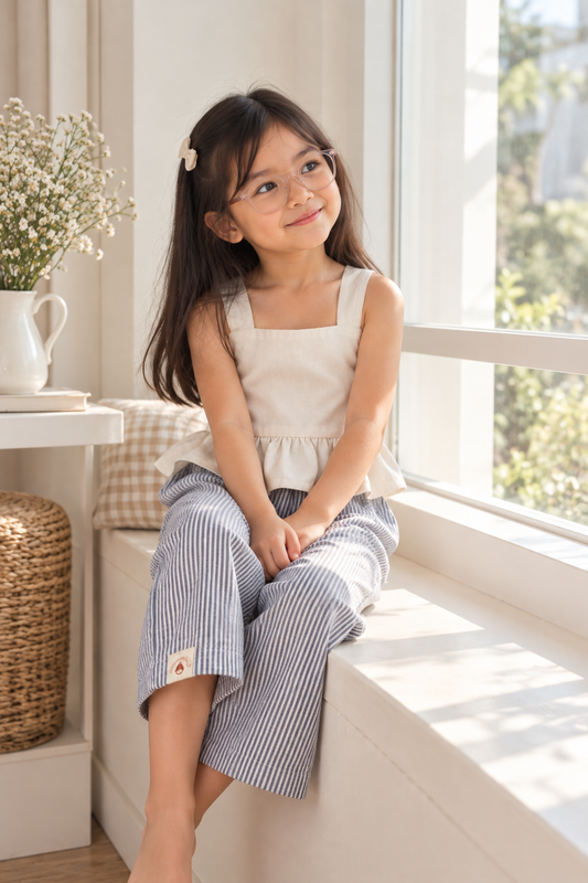 Leia White Top and Taylor Seer Sucker Pants in Grey Set
