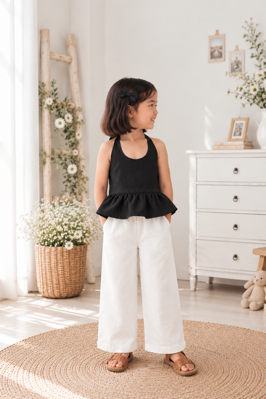 Maven Backless Black Top and Joshua Pants in White Set
