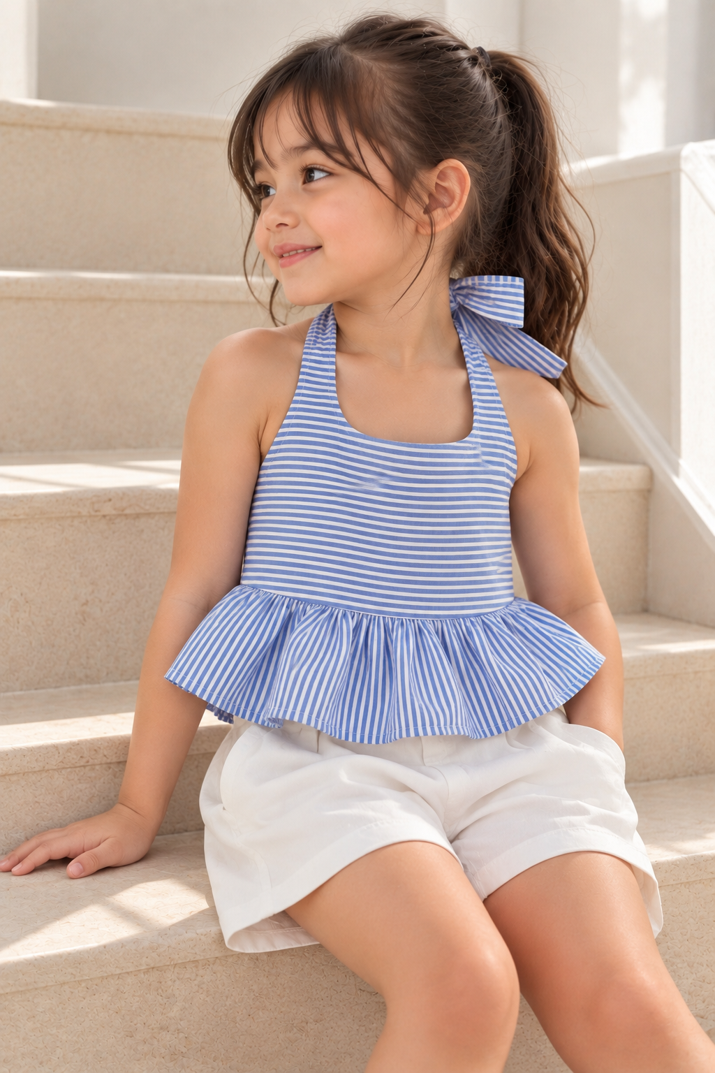 Maven Blue Backless Top and Ericka White Short Linen Terno