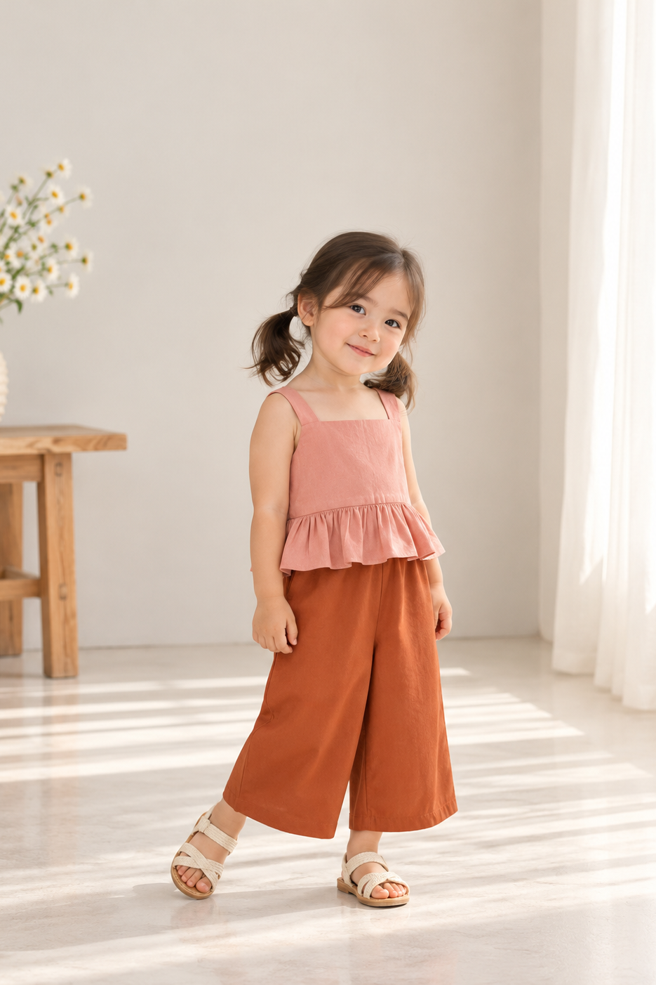 Leia Pink Top and Mary Linen Pants in Rust Set