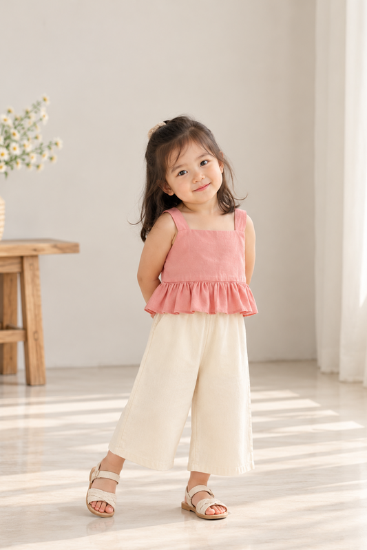 Leia Pink Top and Mary Linen Pants in Cream Set