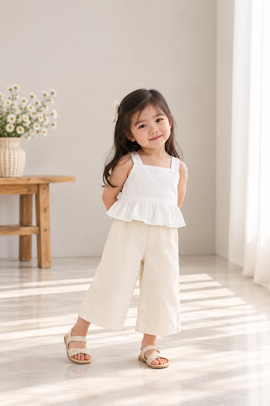 Leia White Top and Mary Linen Pants in Cream Set