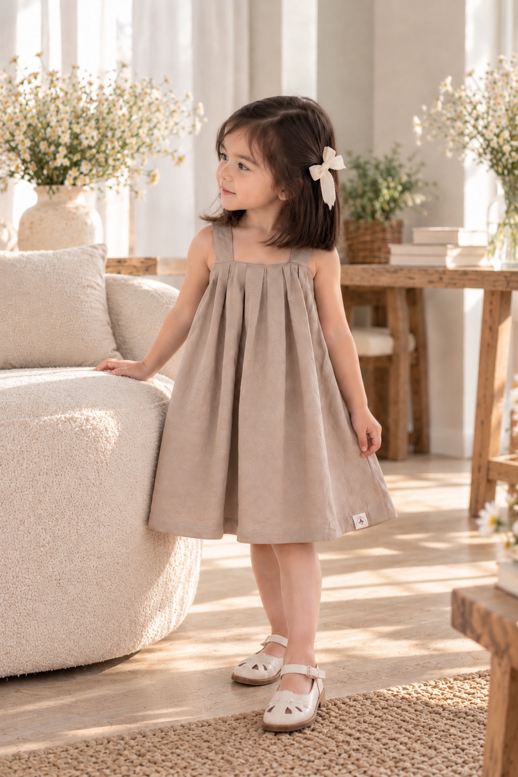 Diane Linen Plitz Dress in Taupe