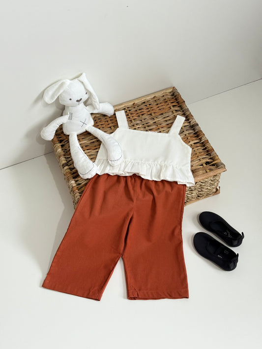 Leia White Top and Mary Linen Pants in Rust Set