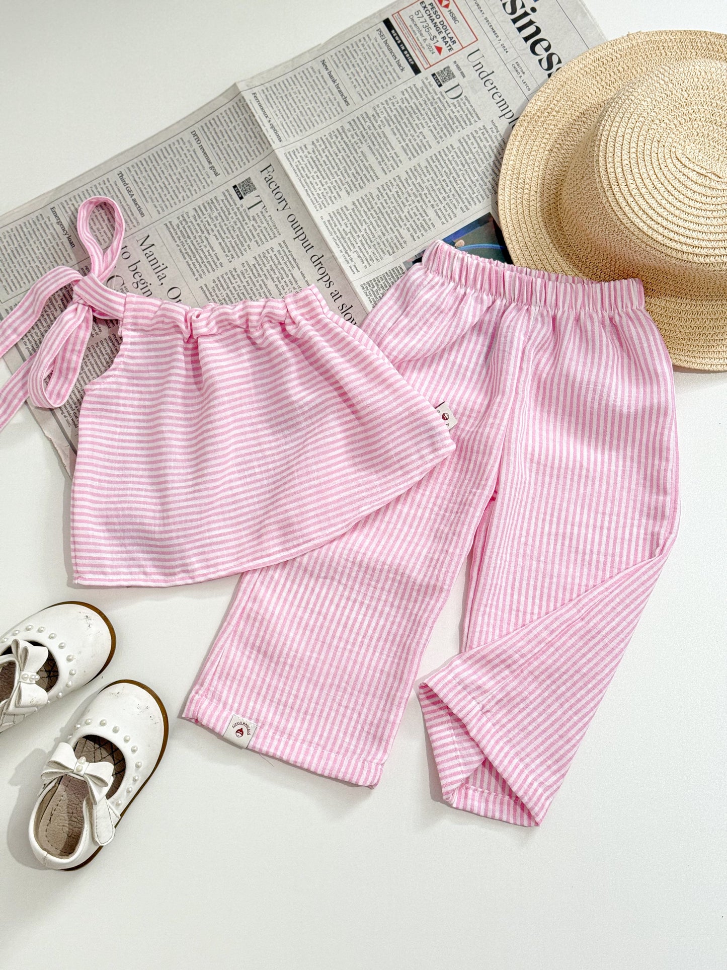 Amelia Top and Mary Pants Linen Stripes in Pink Set