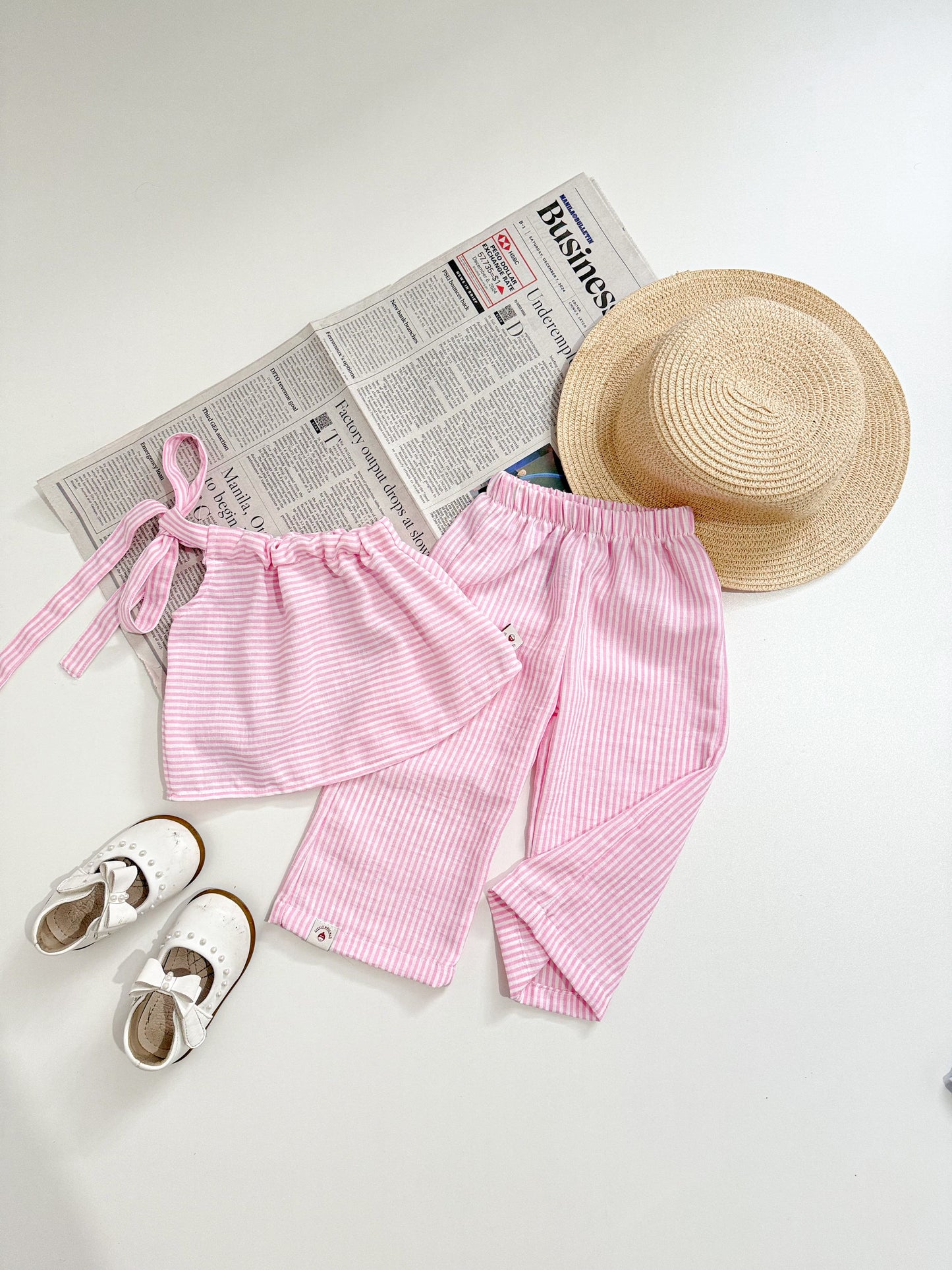 Amelia Top and Mary Pants Linen Stripes in Pink Set