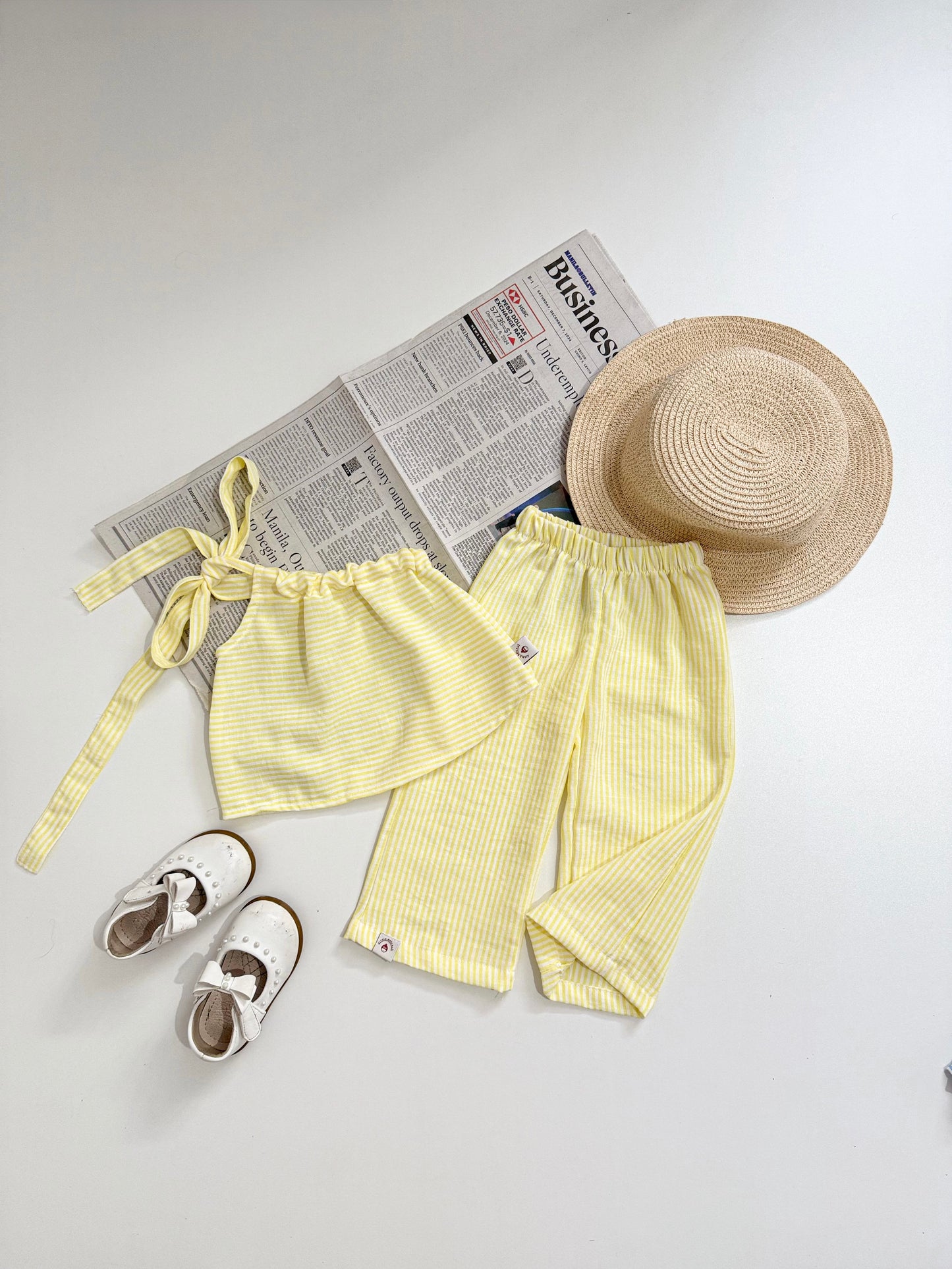 Amelia Top and Mary Pants Linen Stripes in Yellow Set