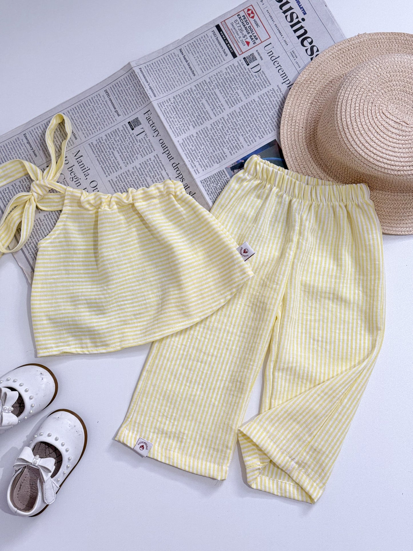 Amelia Top and Mary Pants Linen Stripes in Yellow Set