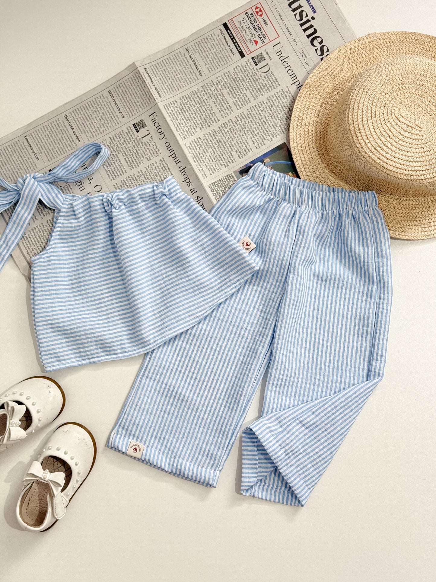 Amelia Top and Mary Pants Linen Stripes in Blue Set