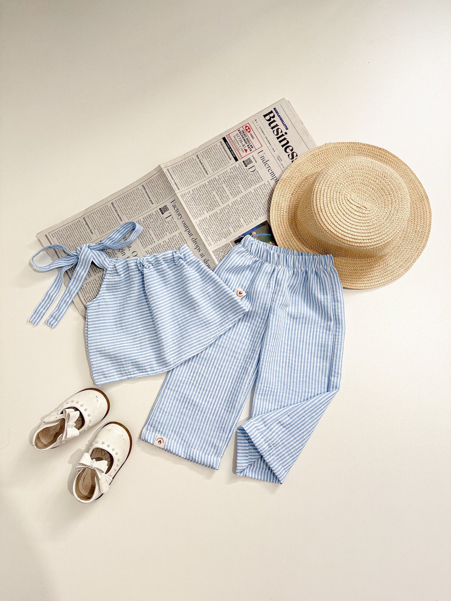 Amelia Top and Mary Pants Linen Stripes in Blue Set