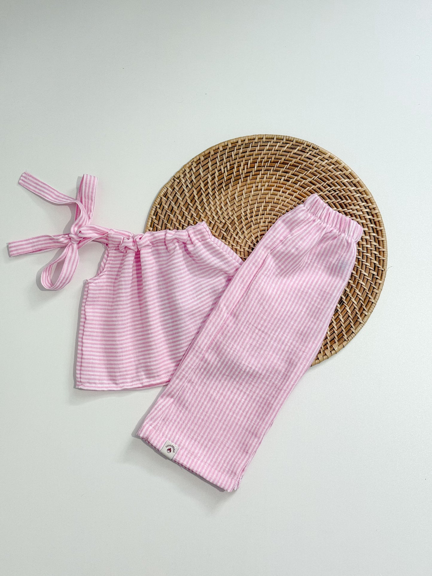 Amelia Top and Mary Pants Linen Stripes in Pink Set