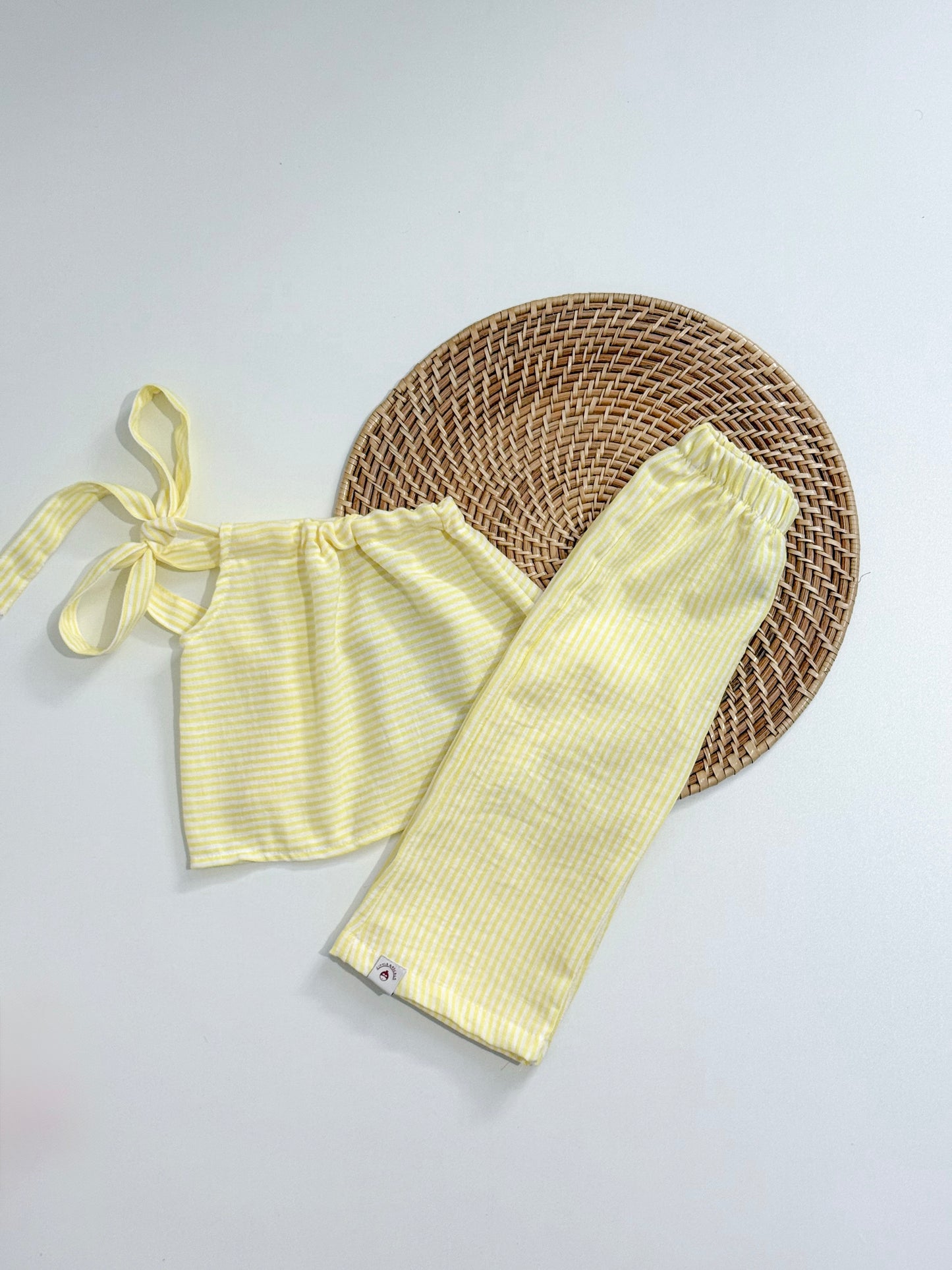 Amelia Top and Mary Pants Linen Stripes in Yellow Set