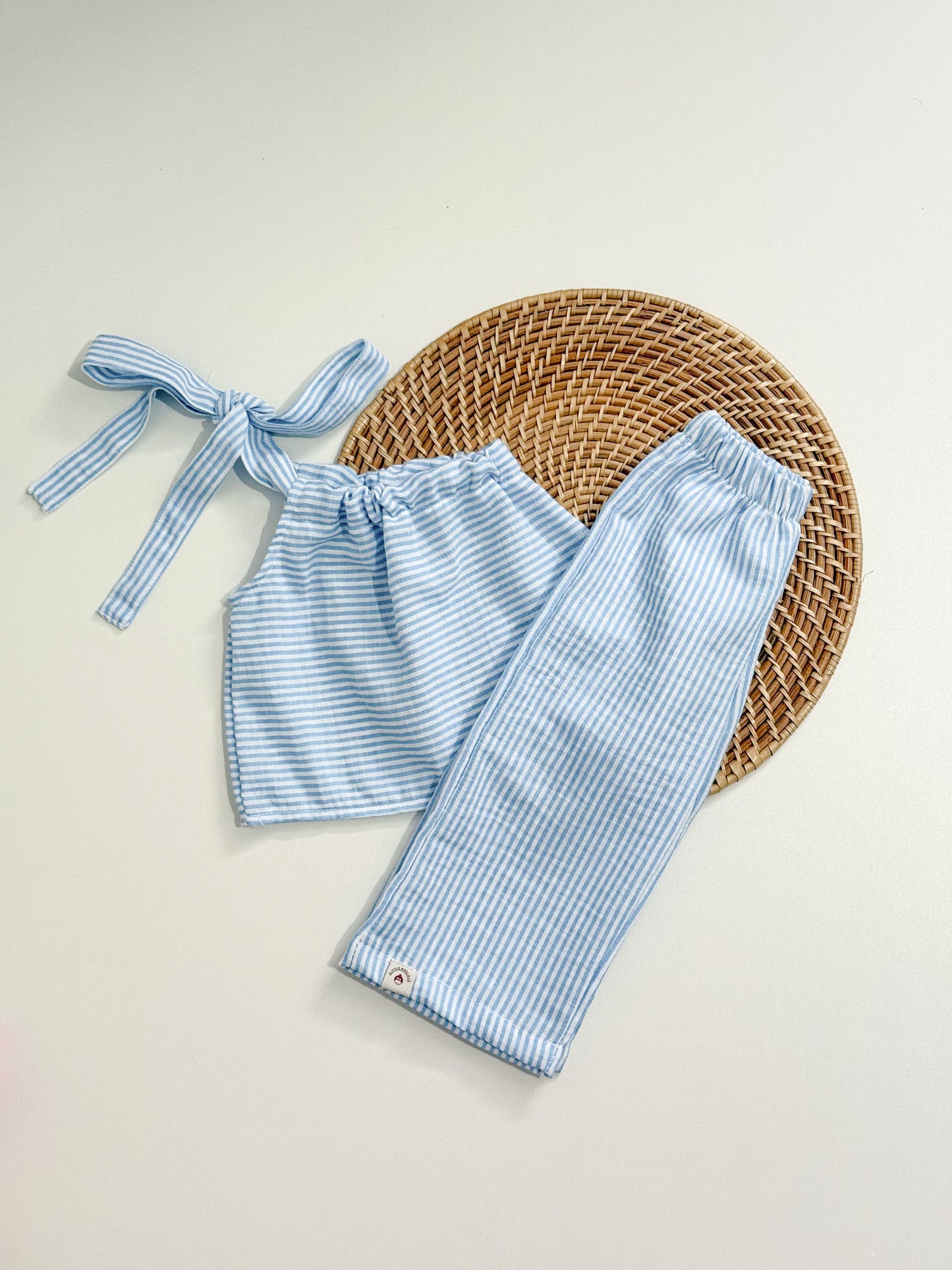 Amelia Top and Mary Pants Linen Stripes in Blue Set