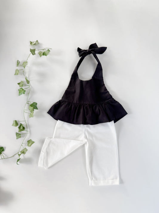 Maven Backless Black Top and Joshua Pants in White Set