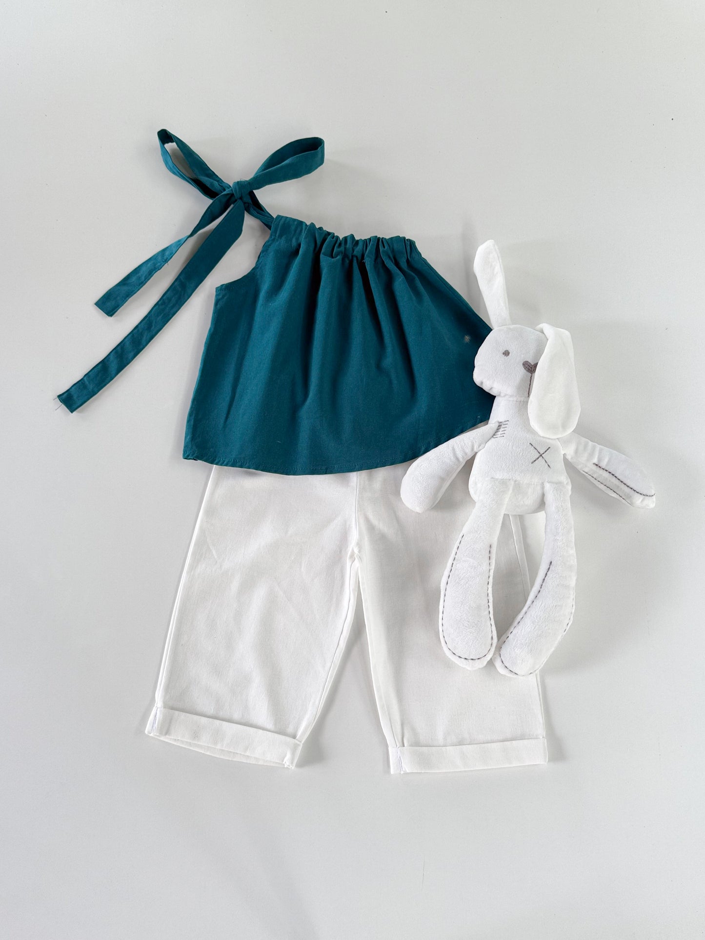 Amelia Emerald Top and Joshua Pants in White Set