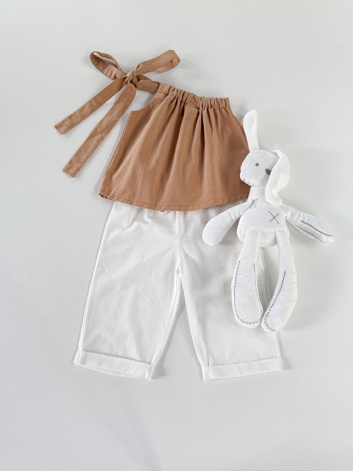 Amelia Mocha Top and Joshua Pants in White Set