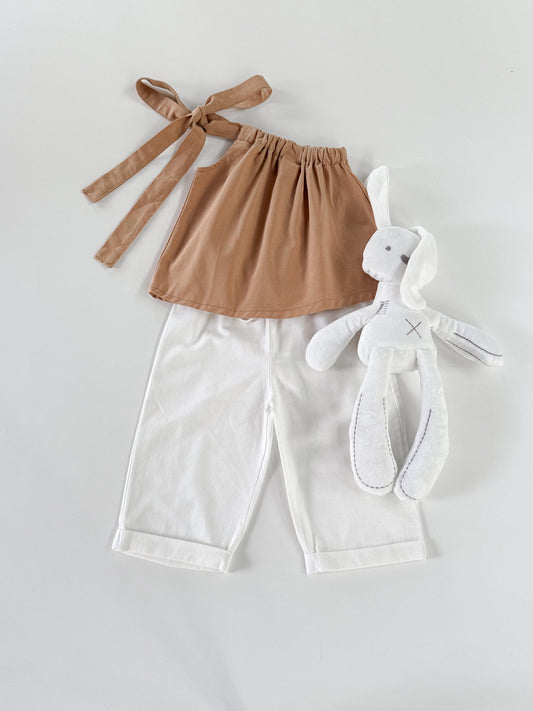 Amelia Mocha Top and Joshua Pants in White Set