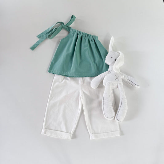 Amelia Teal Top and Joshua Pants in White Set