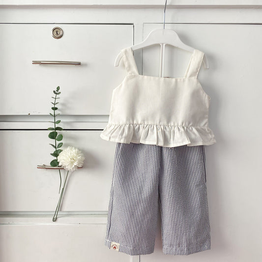 Leia White Top and Taylor Seer Sucker Pants in Grey Set