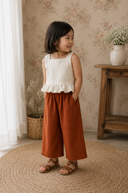 Leia White Top and Mary Linen Pants in Rust Set