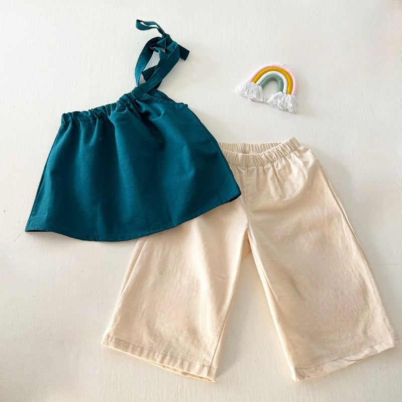 Amelia Emerald Top and Mary Pants in Cream Set