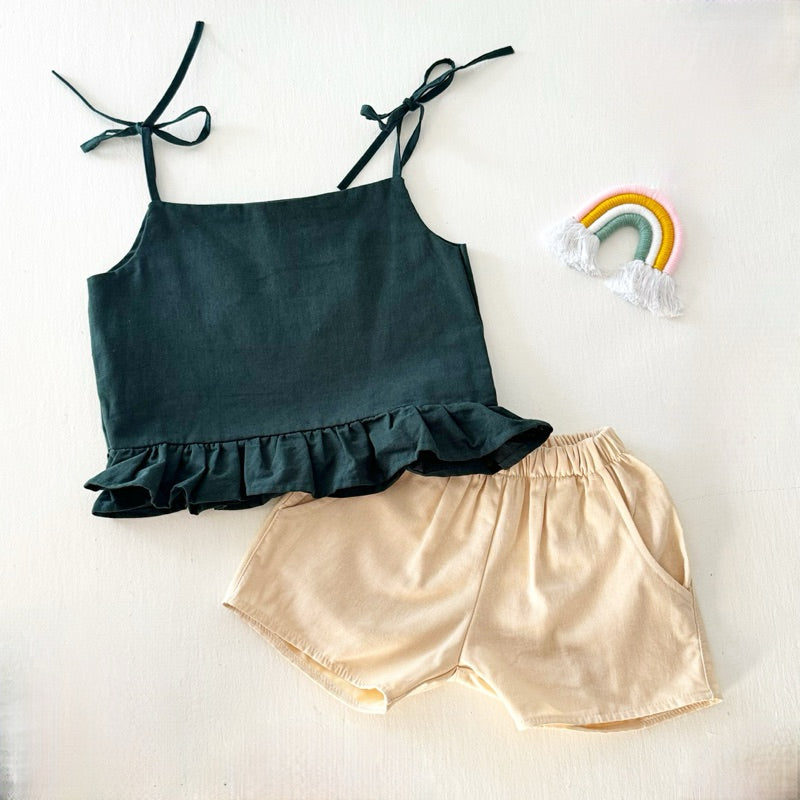 Maria Emerald Top and Ericka Shorts in Cream Linen Set