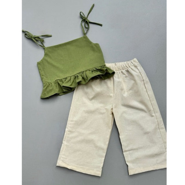 Maria Avocado Top and Mary Pants in Cream Set