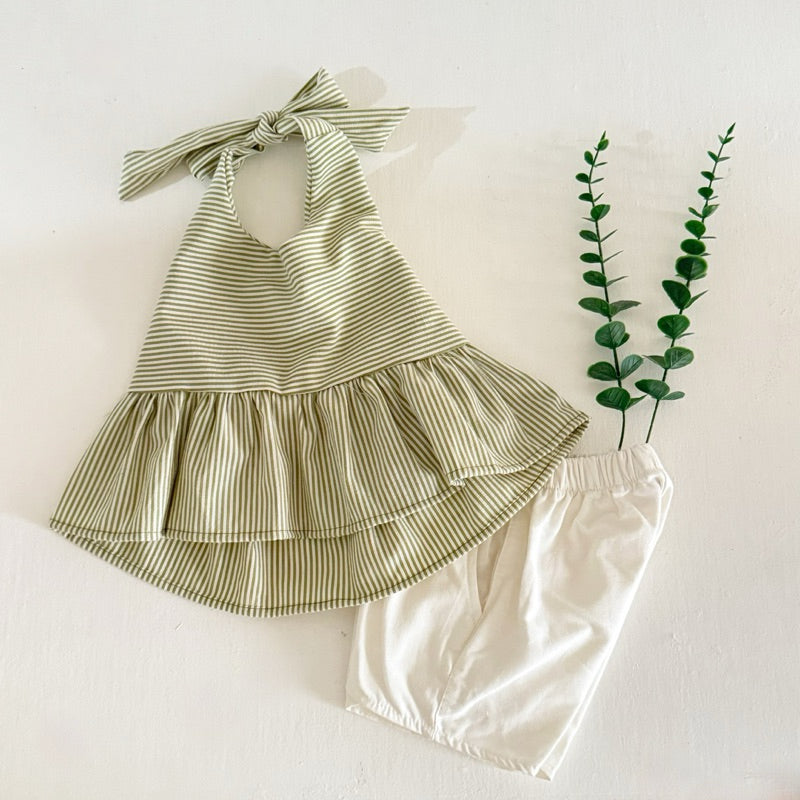 Maven Green Backless and Ericka White Short Linen Set